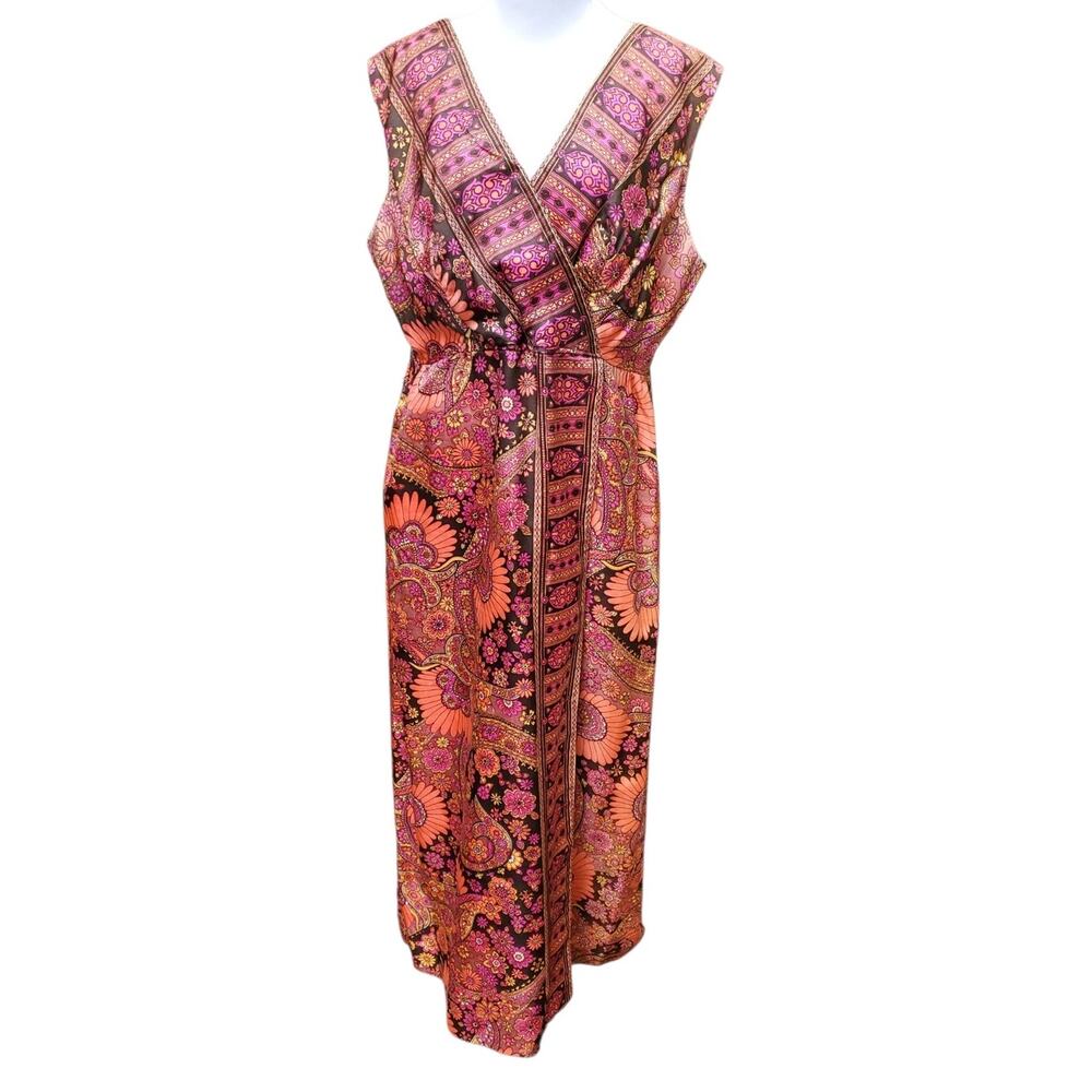 Vintage 60s Floral Mod Maxi Dress Sleeveless Hostess Psychedelic Retro Pink M/L